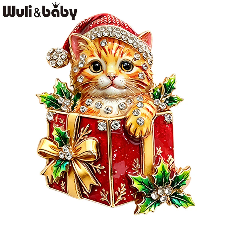 PENDRA Giftbox Rhinestone Christmas Cat Brooch