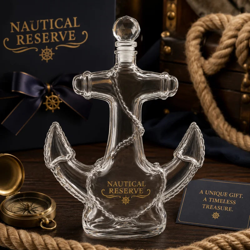 Creative Anchor Shape Glass Spirits Decanter 350ml Whiskey Storage Bottle with Gold Nautical Sticker for Bar Decor Gift