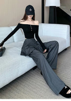 Suit wide leg pants skirt women's autumn design sense fake two piece pleated skirts high waisted loose floor length pants