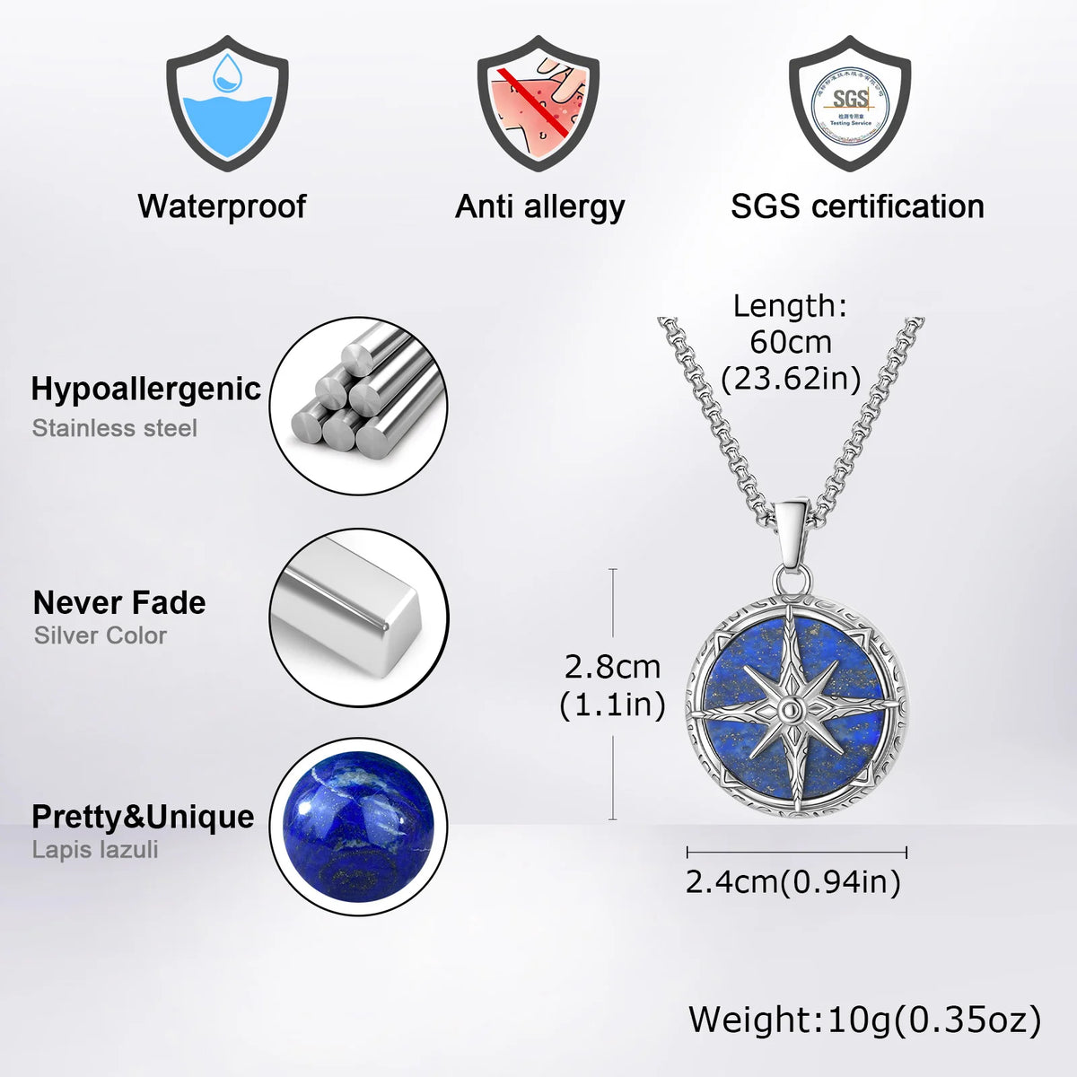 Stylish Natural Stone Necklace for Men,Eight-pointed Star Round Pendant Necklace,Cool Punk Birthday Father Gifts