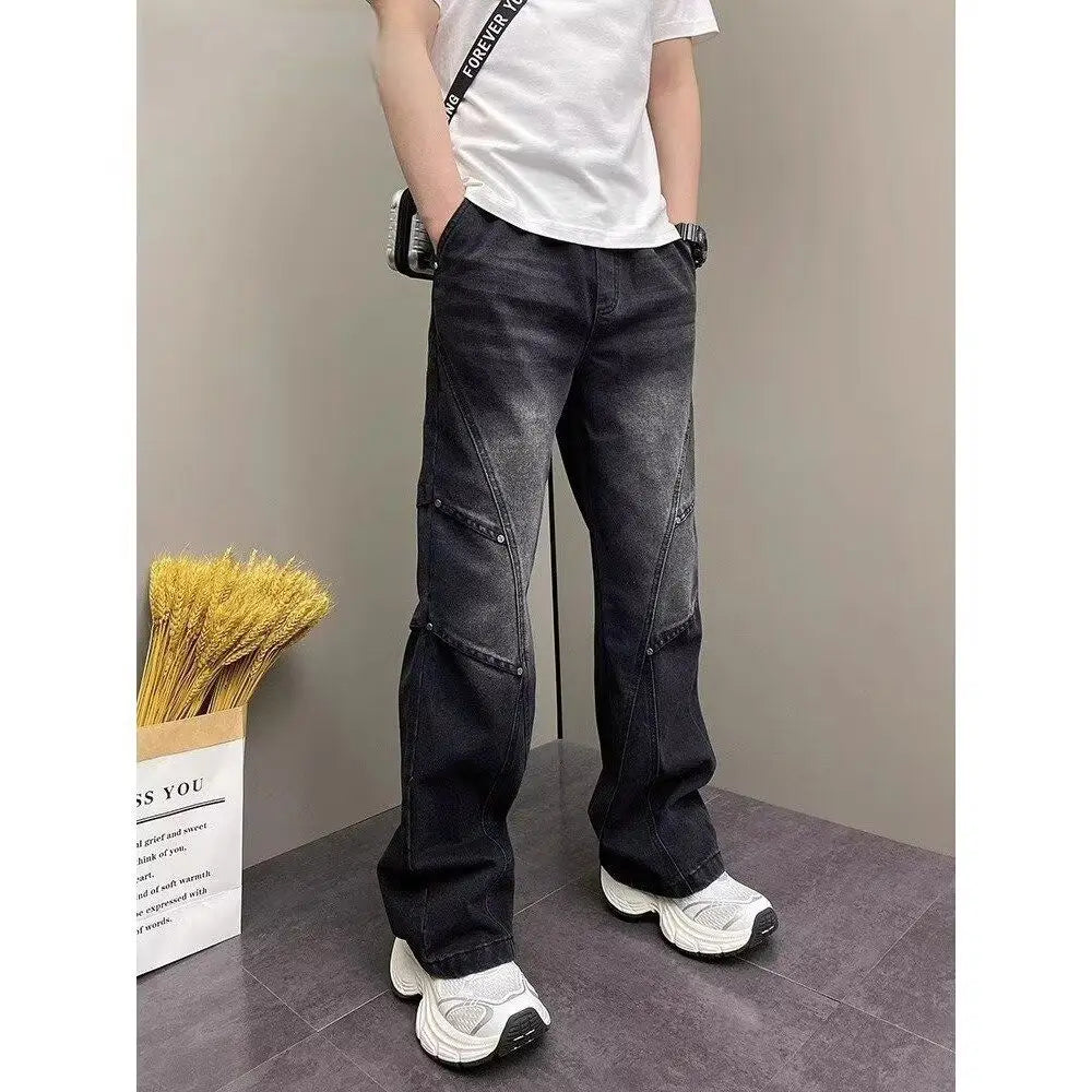 PENDRA Drawstring Elastic Waist Harlan Straight Black Cargo Hombre Jeans