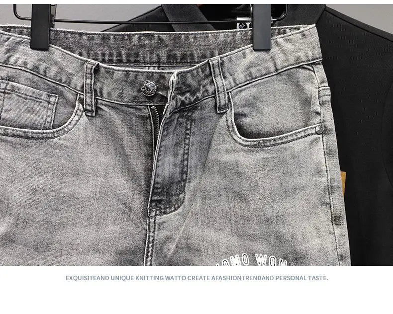 Korean Fashion Kpop Men's Casual Streetwear Boyfriend Designer Denim Shorts with Rabbit Embroidery for Summer Grey Short Jeans