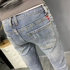 Summer light color jeans men's retro fashion brand embroidery slim fit small feet Korean fashion casual thin nine point pants