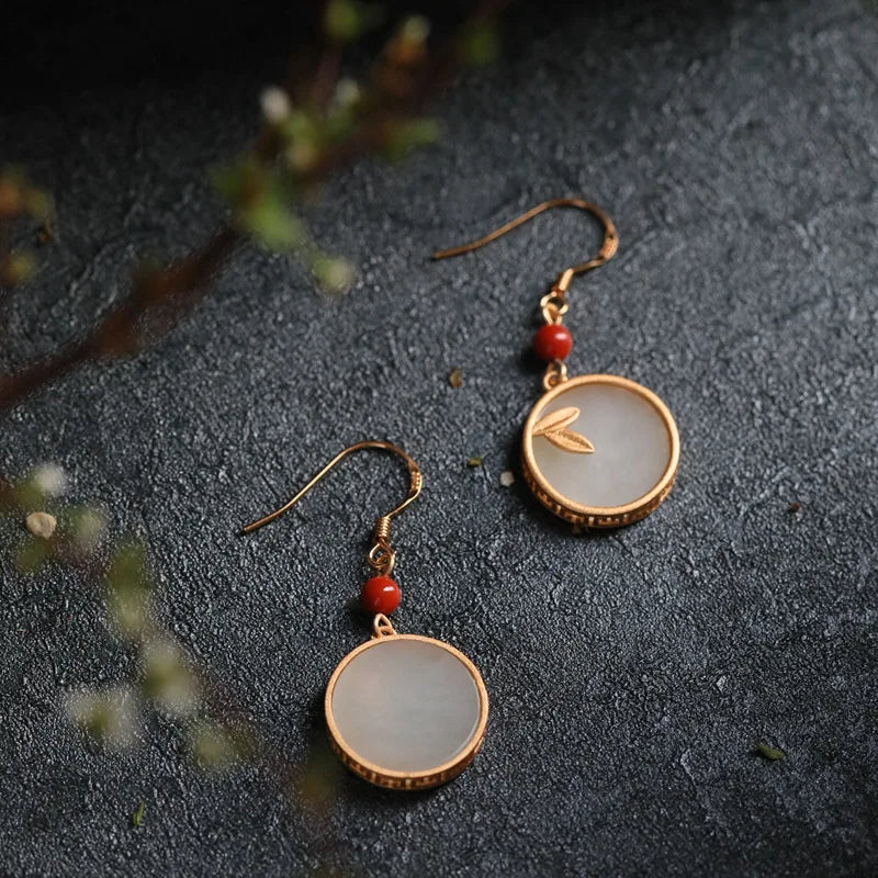 VENTFILLE Hetian Jade Ear Hook Earring Women's High-end Temperament Ethnic Style Retro Earrings Cloisonne Craft Dangler Gift