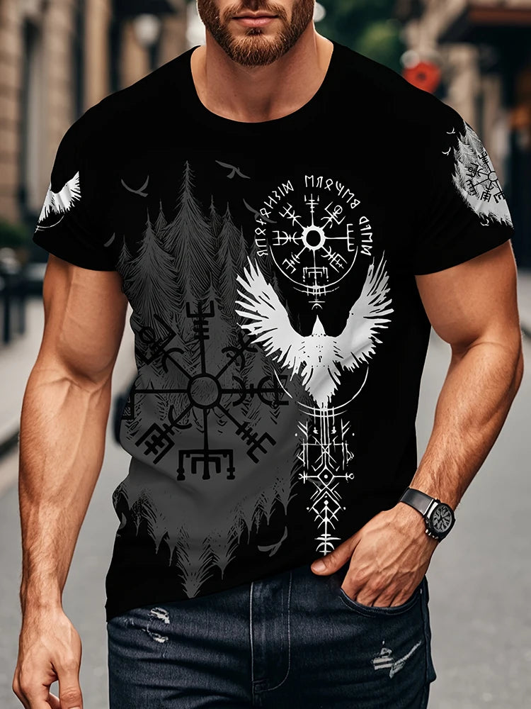 Viking-style Nordic Mythology Print Men's T-shirt Outdoor Street Sport Fitness Short-sleeved Shirt Daily Casual Fashionable Top