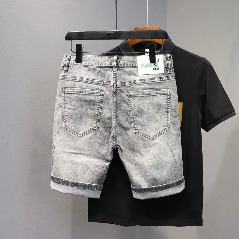 Korean Fashion Kpop Men's Casual Streetwear Boyfriend Designer Denim Shorts with Rabbit Embroidery for Summer Grey Short Jeans