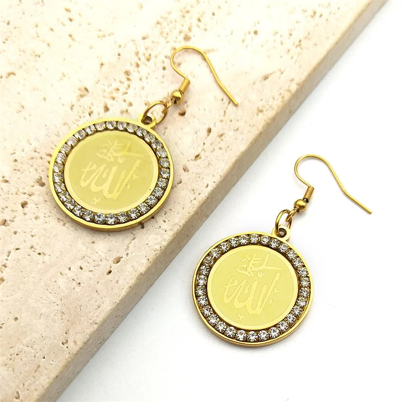Muslim Islamic Religious Crystal Hoop Earrings For Women Men Stainless Steel Gold Color Islam Quran Allah Earring Arabic Jewelry