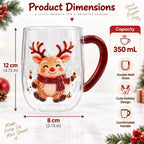 Christmas Double Wall Glass Mug Red Handle Xmas Snowman Reindeer Coffee Cup Holiday Decor Gift