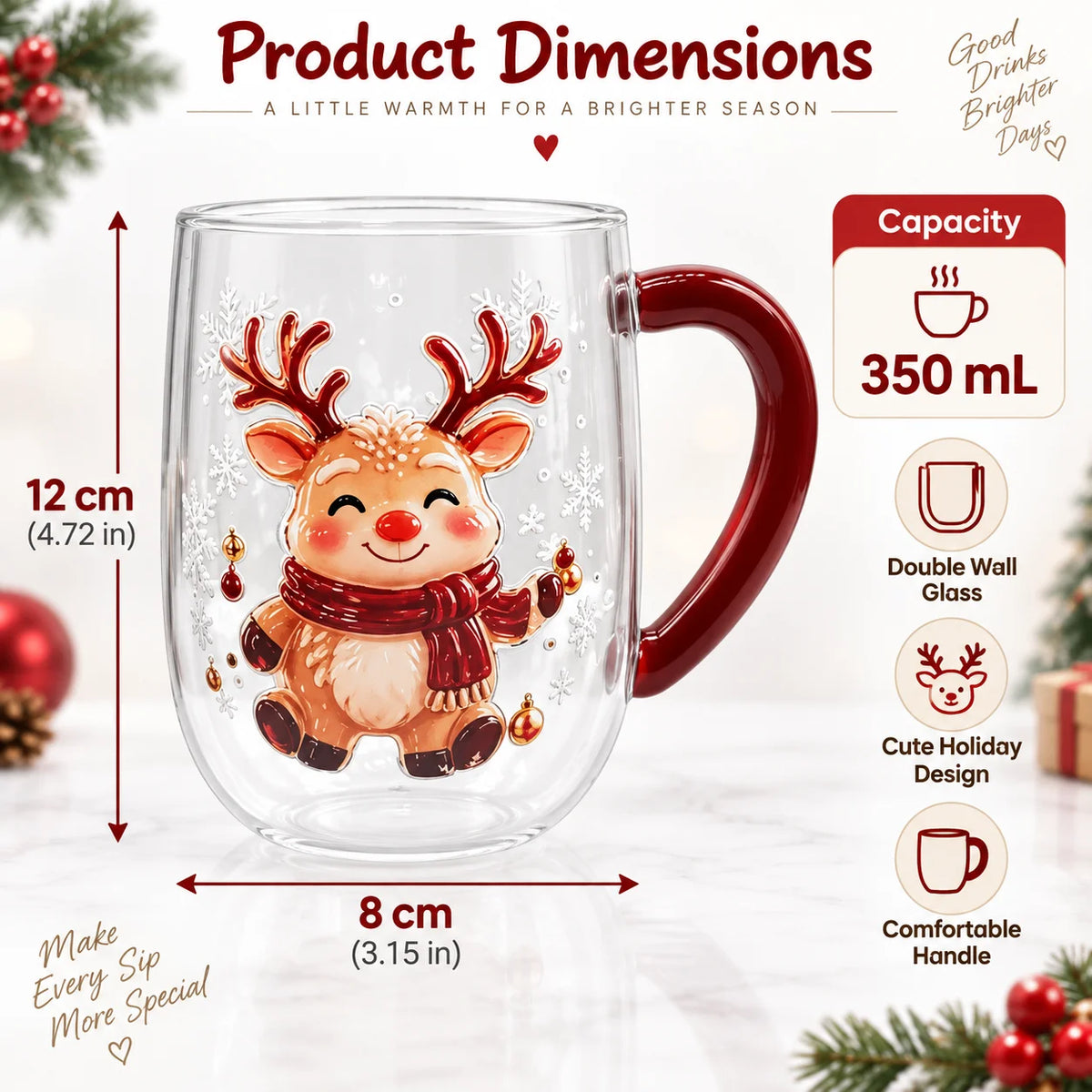 Christmas Double Wall Glass Mug Red Handle Xmas Snowman Reindeer Coffee Cup Holiday Decor Gift