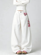 Women's White Embroidered High-Waist Loose Wide-Leg Jeans Y2K Street Trend Comfortable Everyday Versatile All-Season Pants