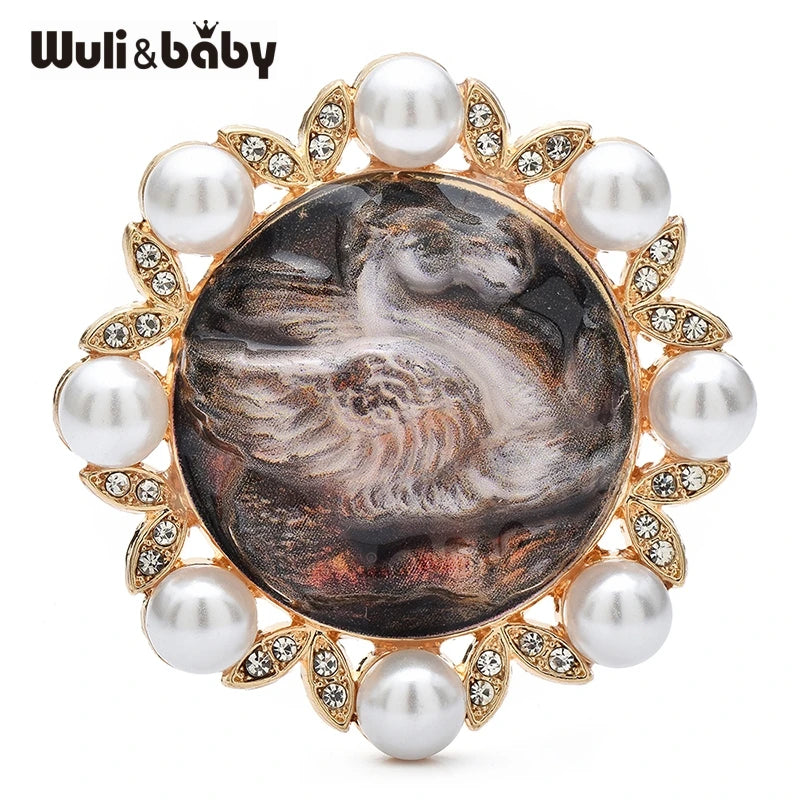 Wuli&baby Running Horse Brooches Badge Brooches 4-color Pearl Round Animal Brooch Pins Gifts