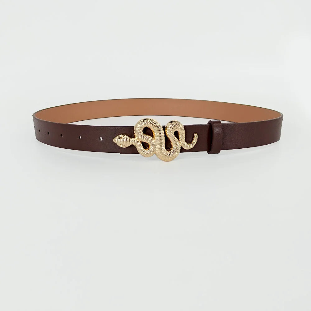Hot Sale New Fashion Snake Belt Buckle with PU Leather Belt for Women Dress Designer Western Vintage Style Black Belts for Girls