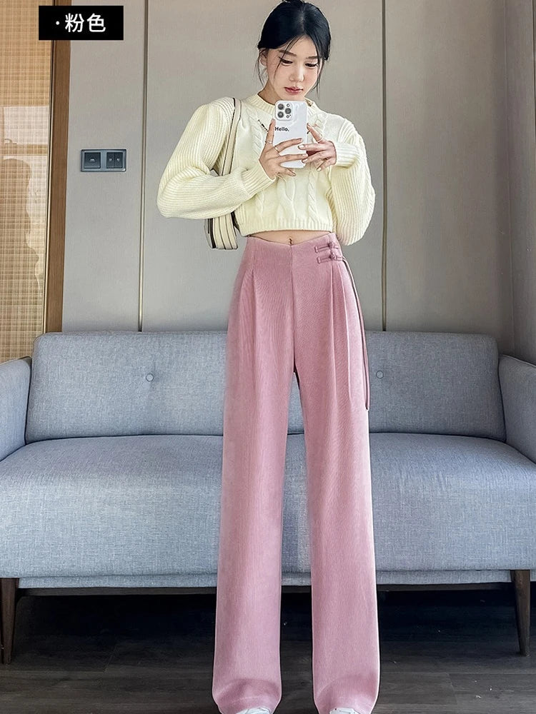 Corduroy pants women autumn and winter new Chinese style buckle casual thick solid color versatile wide leg pants