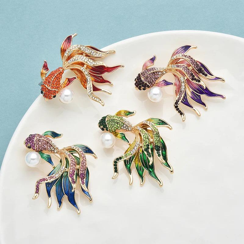 PENDRA Golden Fish Crystal Brooch