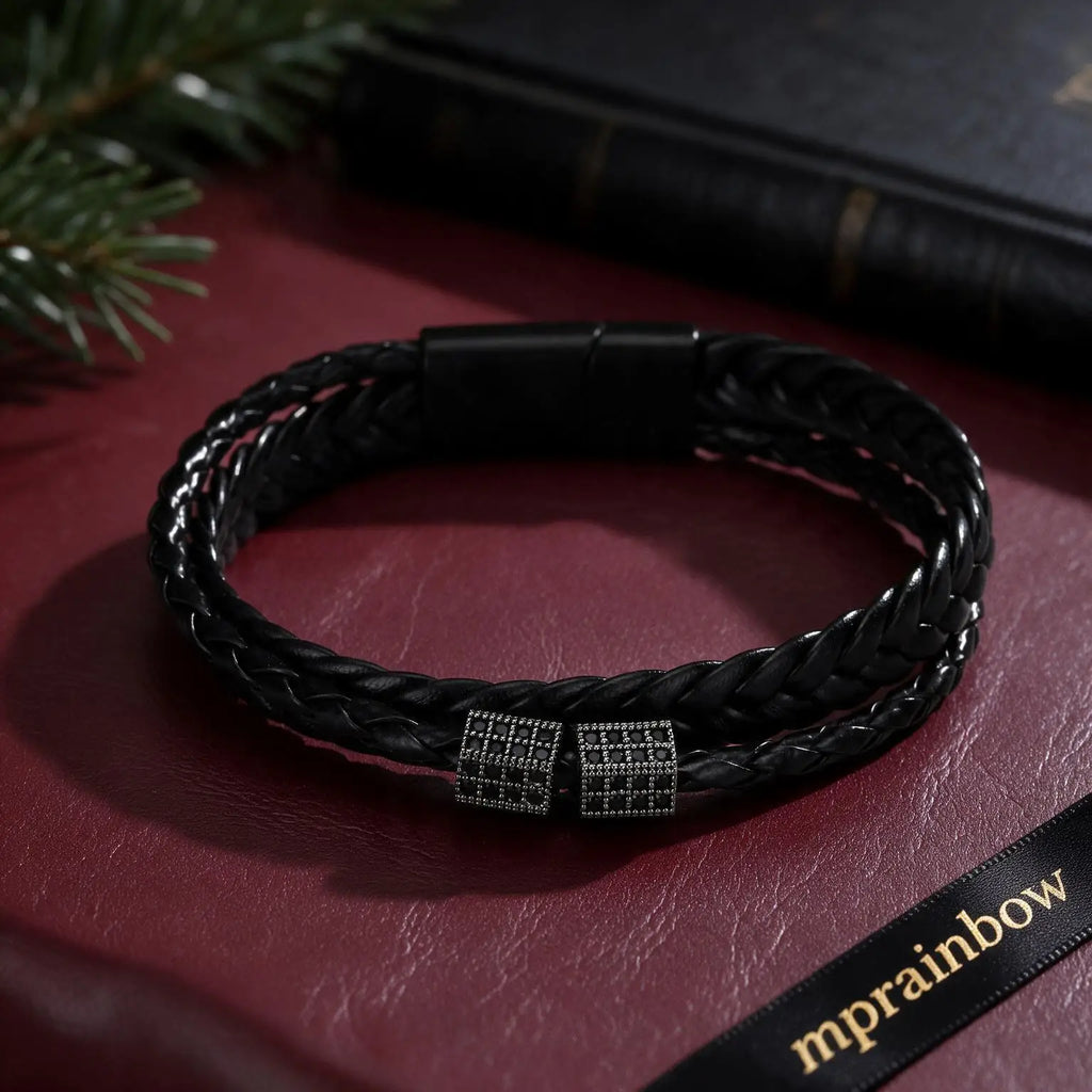 Black Braided Cord Bracelet for Men,Crystal Zircon Bead Charm Layered Punk Wristband,Streetwear Punk Casual Jewelry Gift