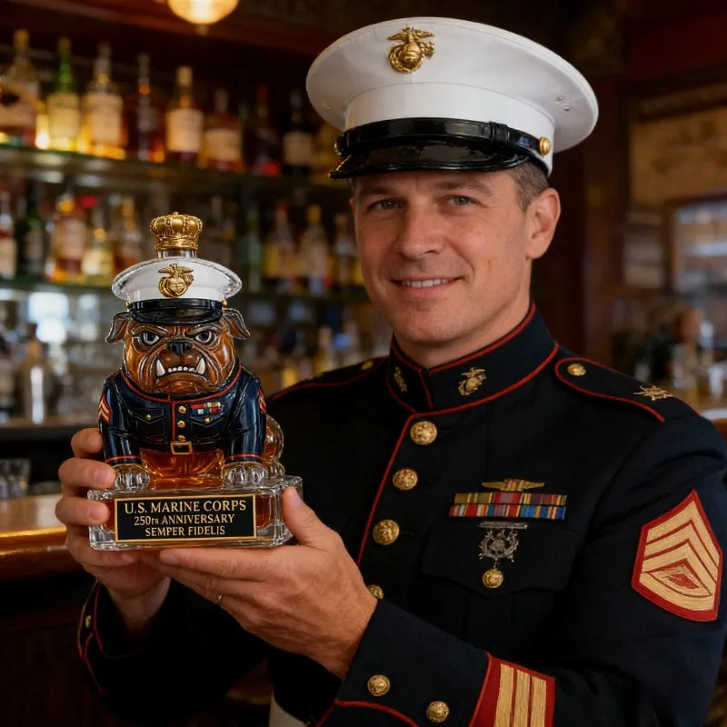 Patriotic U.S. Marine Corps Bulldog Decanter, Ideal 250th Anniversary Gift for Veterans
