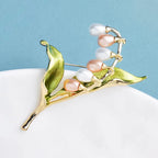 PENDRA Lilyvale Enamel Leaf and Pearl Lily Brooch