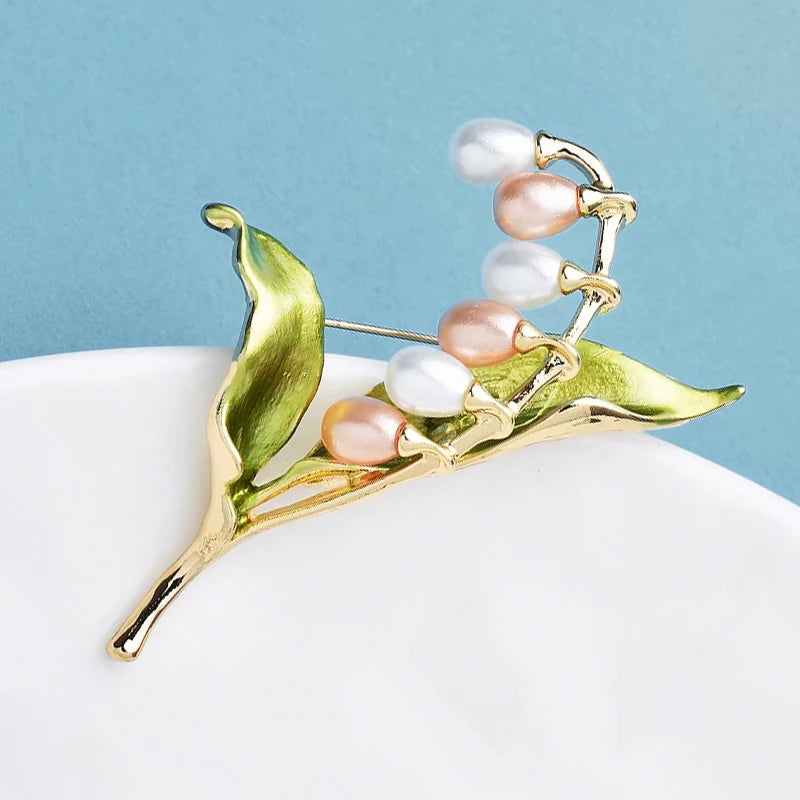 PENDRA Lilyvale Enamel Leaf and Pearl Lily Brooch