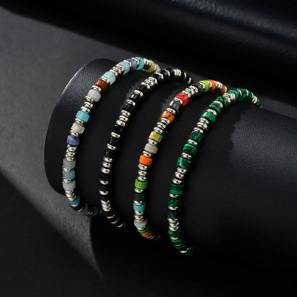 Men's Crystal Wheel Beads Bracelet,4mm Natural Stone Metal Wheel Beaded Bracelet,Adjustable Wristband Gift