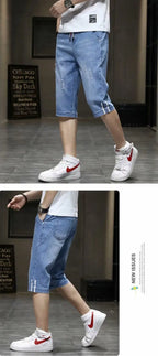 Clothes Y2k Man 2000s Summer Thin Stripe Men's Loose Casual Shorts Korean Denim Luxury  Elastic Waist Knee Pants Black Jeans Man