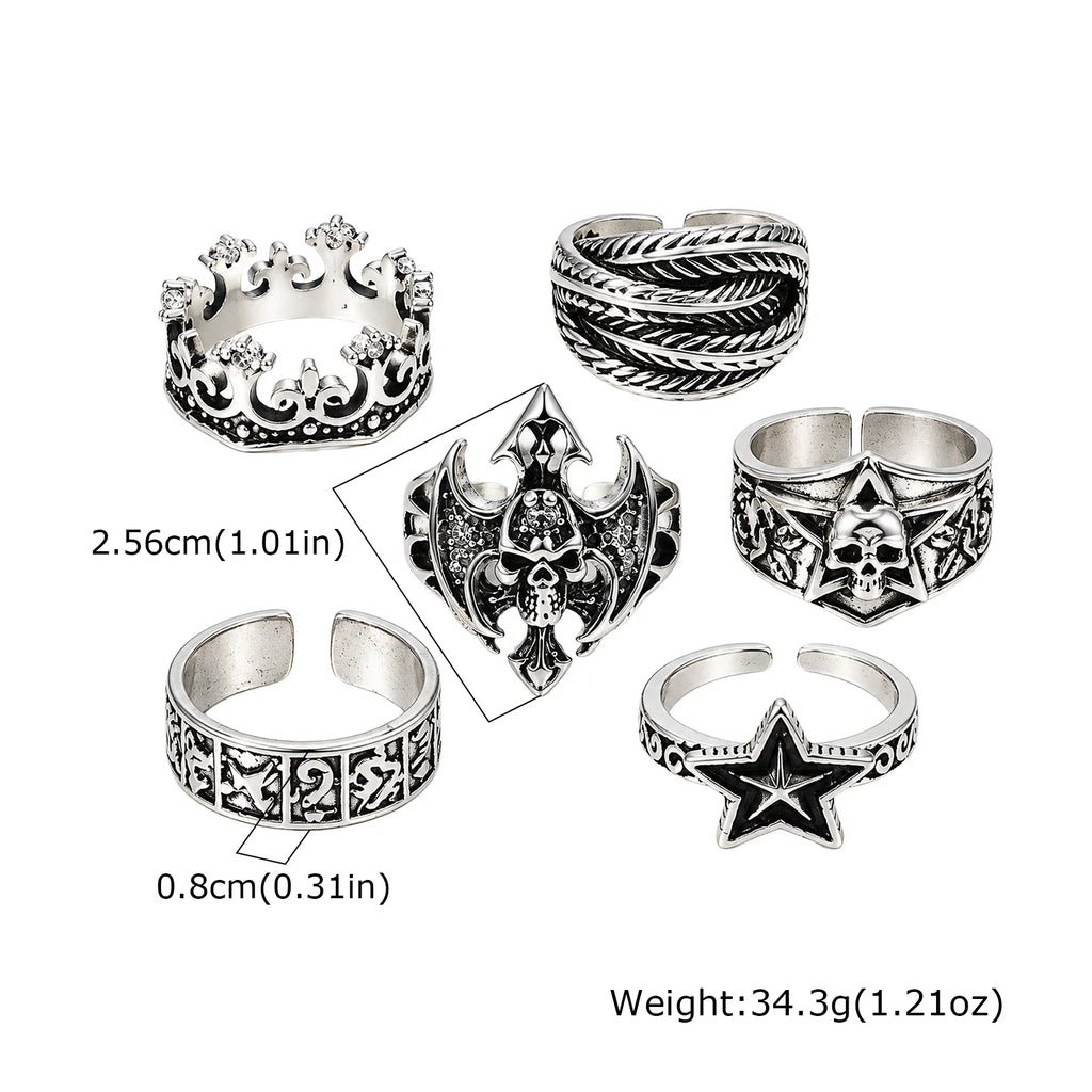 6Pcs Gothic Punk Open Ring Set for Men,Vintage Skull Bat Crown Star Adjustable Stackable Rings,Hip Hop Halloween Jewelry Gift