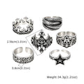 6Pcs Gothic Punk Open Ring Set for Men,Vintage Skull Bat Crown Star Adjustable Stackable Rings,Hip Hop Halloween Jewelry Gift