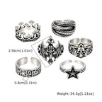 6Pcs Gothic Punk Open Ring Set for Men,Vintage Skull Bat Crown Star Adjustable Stackable Rings,Hip Hop Halloween Jewelry Gift