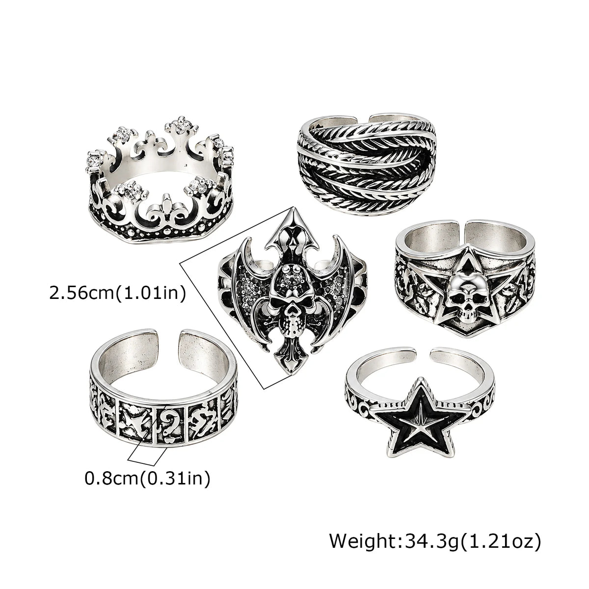 6Pcs Gothic Punk Open Ring Set for Men,Vintage Skull Bat Crown Star Adjustable Stackable Rings,Hip Hop Halloween Jewelry Gift