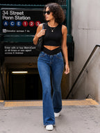 New Women's Low-rise Stretch Dark Wash Blue Flare Jeans, Multi-pocket Design, Women's Jeans and Clothing