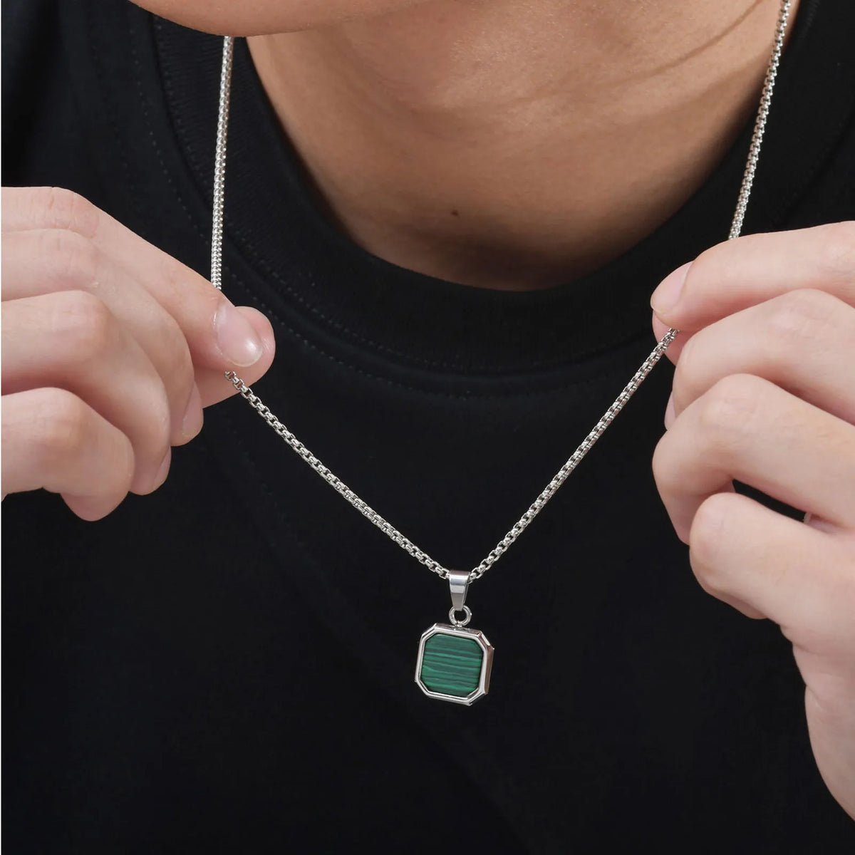 Watermelon Color Pendant Necklace for Men Boys,Green Square Round Stainless Steel Necklace,Stylish Jewelry Gifts to Husband Dad