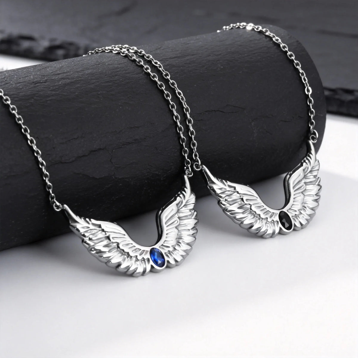 Punk Angel Wings Feather Necklace for Men,Stainless Steel Blue Black Zircon Wings Choker,New Male Jewelry Gift