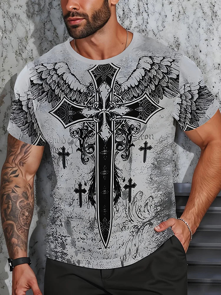 Viking-style Nordic Mythology Print Men's T-shirt Outdoor Street Sport Fitness Short-sleeved Shirt Daily Casual Fashionable Top