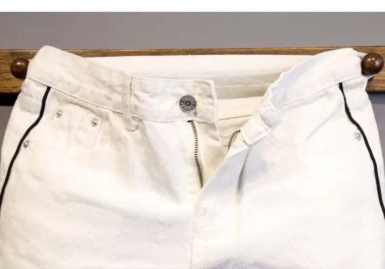 Summer Thin Luxury Designer Slim-Fit Men's Jeans Shorts Boyfriend White Color Striped Street Wear Cotton Casual Short Trousers