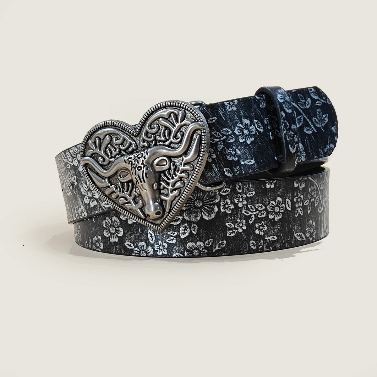 Western Cowboy Style Vintage Casual Belt Ox Head Carved Buckle Bohemian Print Perfect for Daily Commute & Dating Outfits Jeans