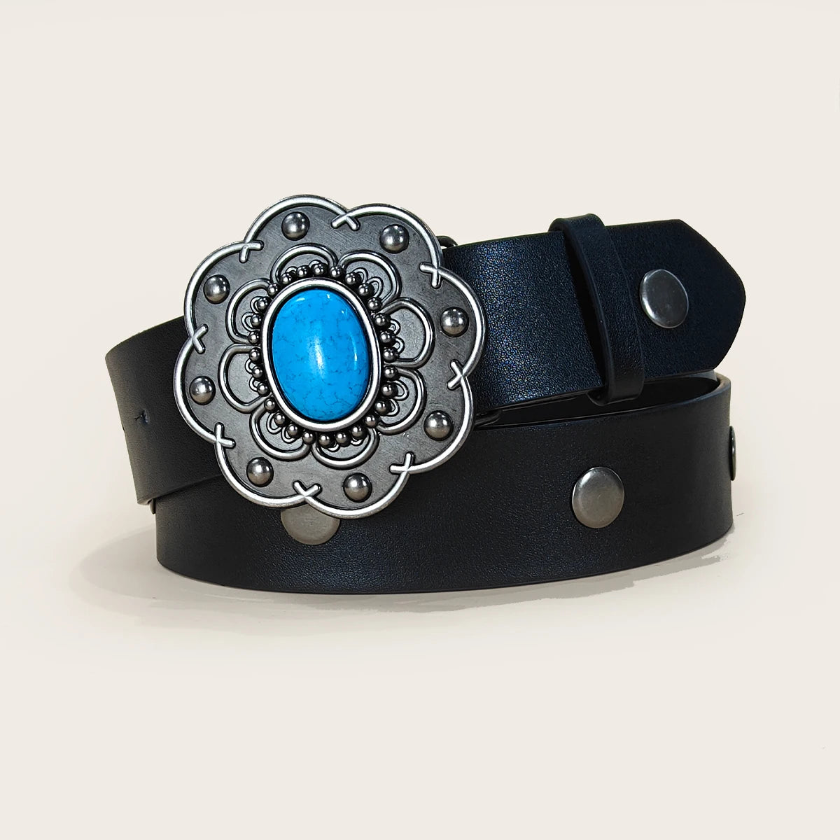 Ladies wear the classic Punk belt, Black Round Rivet PU leather, bohemian style oval turquoise buckle belt For Men and Women