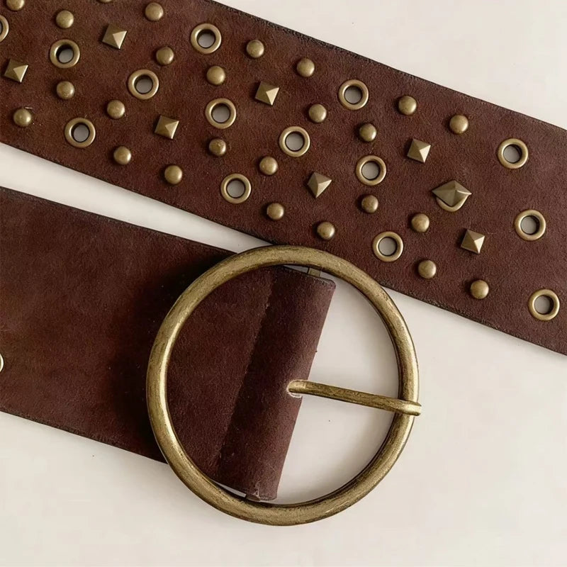Vintage PU Leather Rivet Pin Buckle Belt Women Western Cowgirl Punk Wide Waistband for Dress Skirts Jeans Clothes Accessories