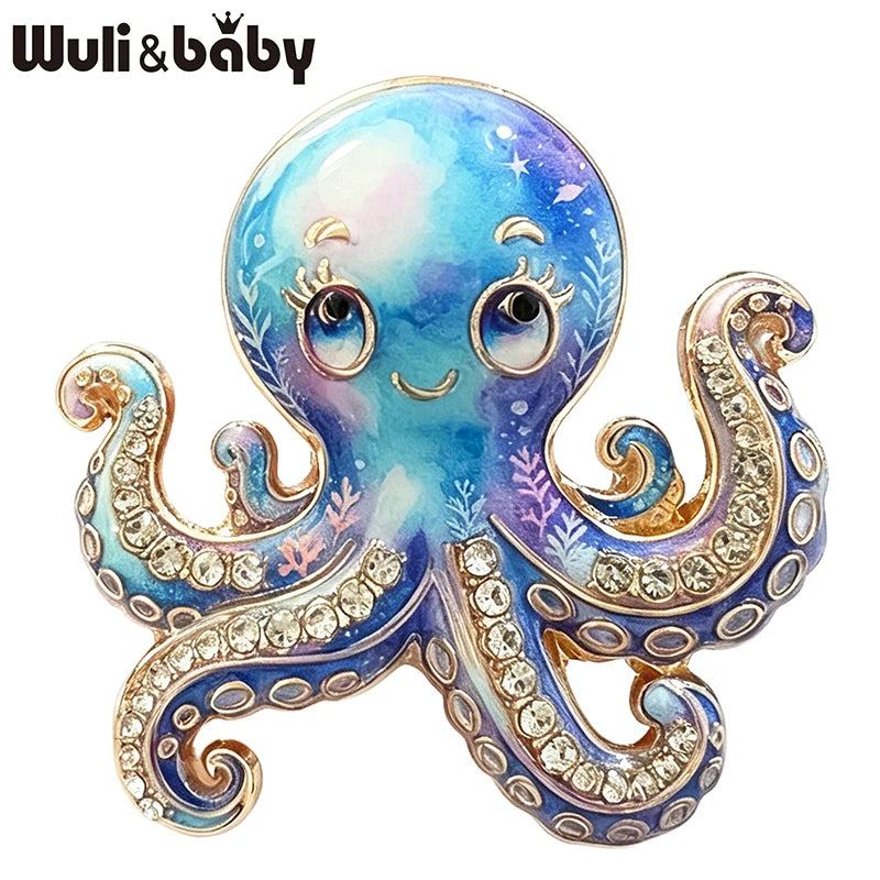 Wuli&baby Cute Octopus Brooches For Women Unisex 5-color Rhinestone Enamel Colorful Ocean Animal Party Casual Brooch Pins Gifts