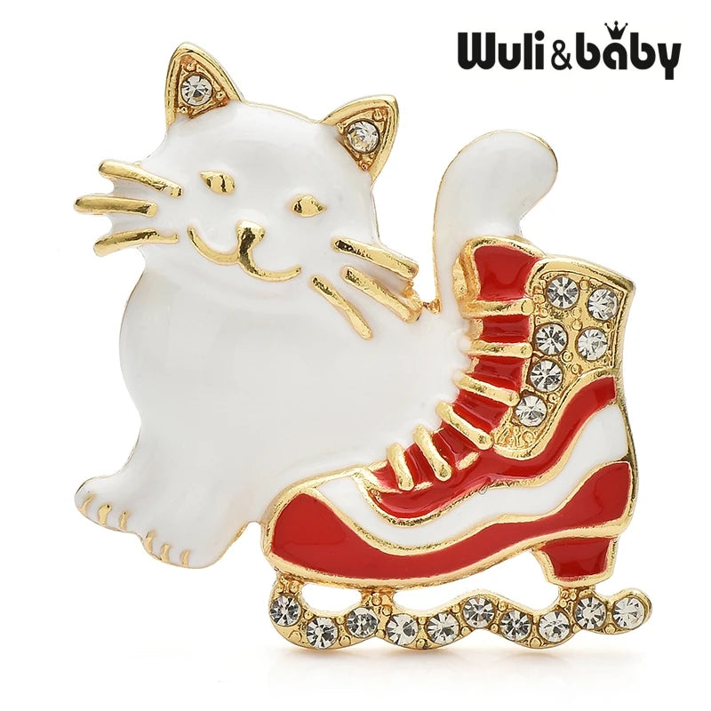 Wuli&baby Cat And Ice-skate Shoes Brooches For Women Unisex 3-color Enamel Winter Skating Shoe New Year Brooch Pins Gifts