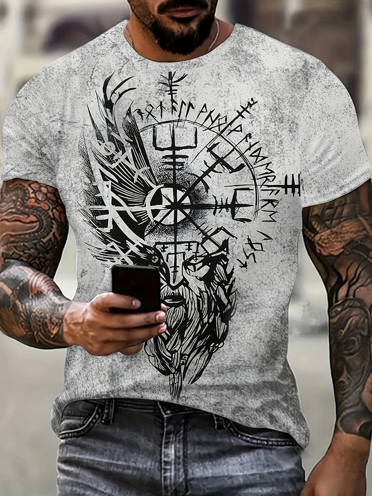 Viking-style Nordic Mythology Print Men's T-shirt Outdoor Street Sport Fitness Short-sleeved Shirt Daily Casual Fashionable Top