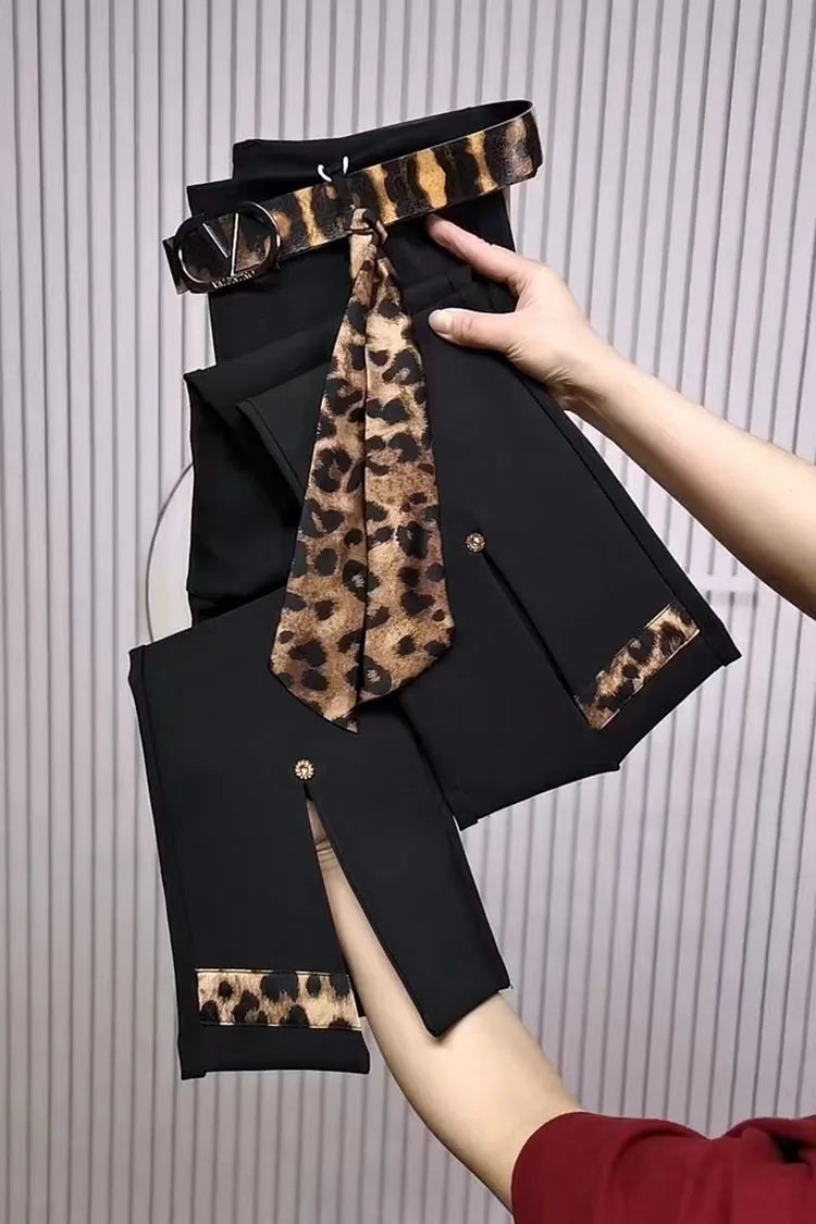 Spring Autumn new color blocking elastic micro bell pants for women high waist slim with leopard print flared cropped pants 2025
