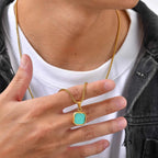 Natural Stone Square Pendant Necklace for Men Boys,Stainless Steel Turquoise Pendant,Jewelry Gift for Husband Dad Son BBF
