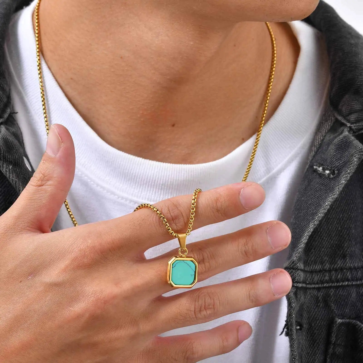 Natural Stone Square Pendant Necklace for Men Boys,Stainless Steel Turquoise Pendant,Jewelry Gift for Husband Dad Son BBF