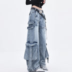 Female Trendy Loose Straight Wide Leg Denim Pants American Style High Street Three-dimensional With ribbons Design Pants