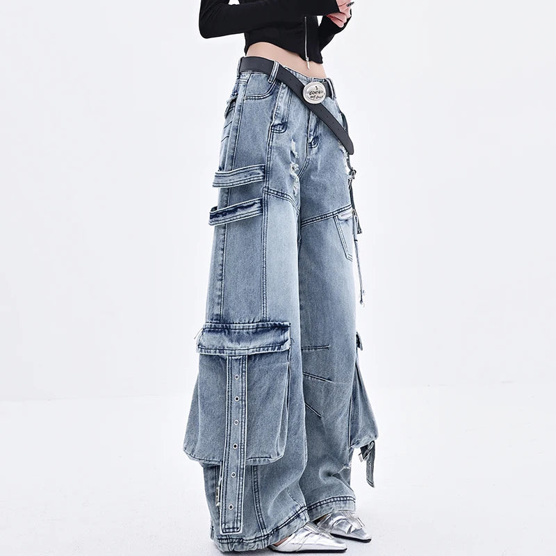 Female Trendy Loose Straight Wide Leg Denim Pants American Style High Street Three-dimensional With ribbons Design Pants