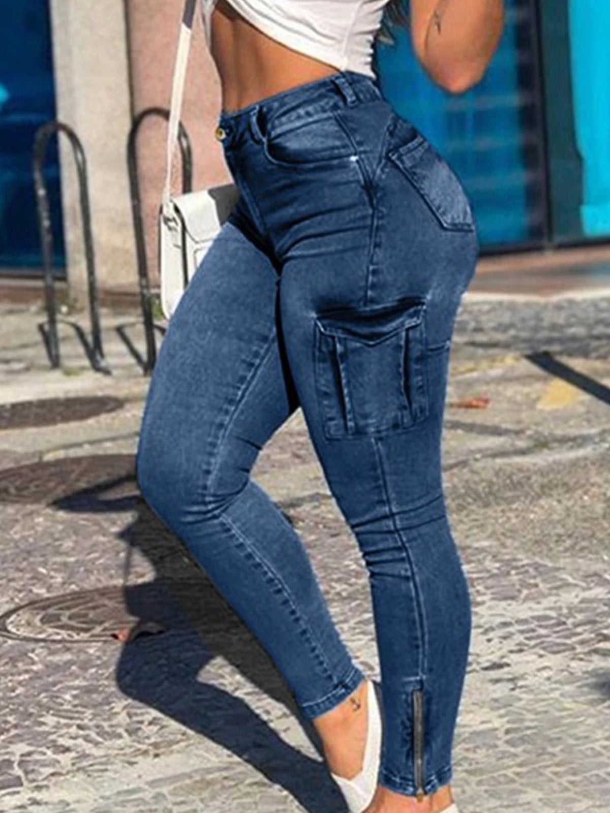 Hip lifting high waisted zipper hem tight jeans, multi pocket high stretch casual denim work pants, women's jeans and clothing