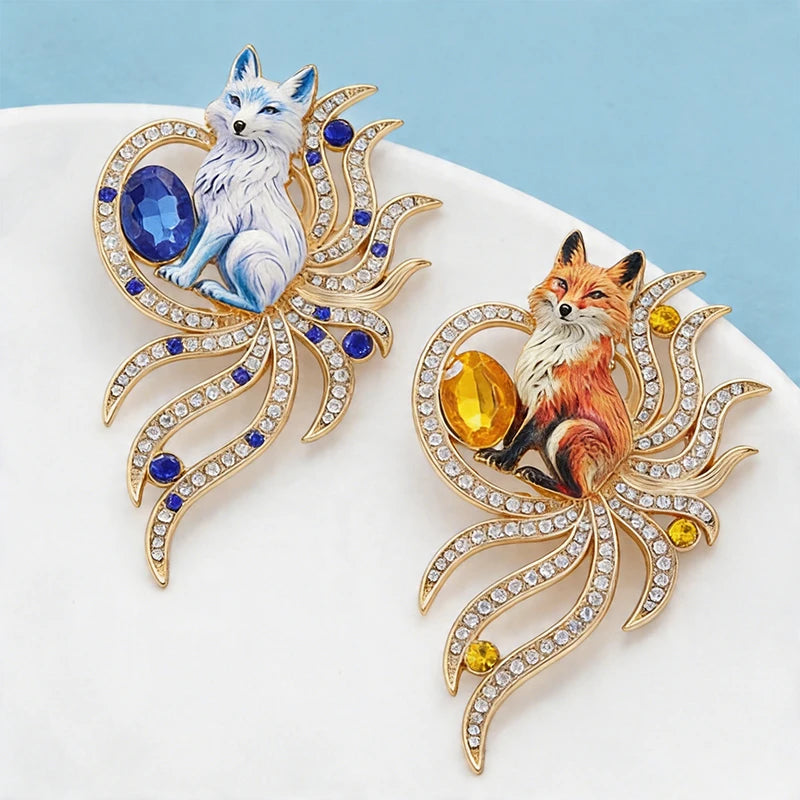 PENDRA Nine-Tail Fox Rhinestone Animal Brooch