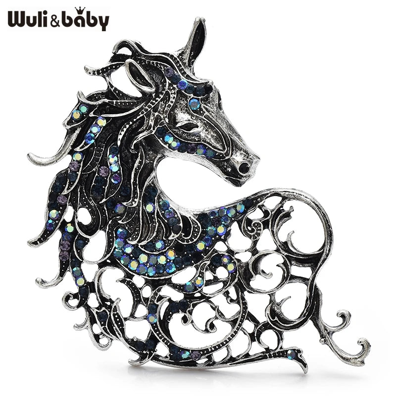 Wuli&baby Vintage Strong Horse Brooches 4-color Rhinestone Zodiac Animal Party Office Brooch Pins Gifts