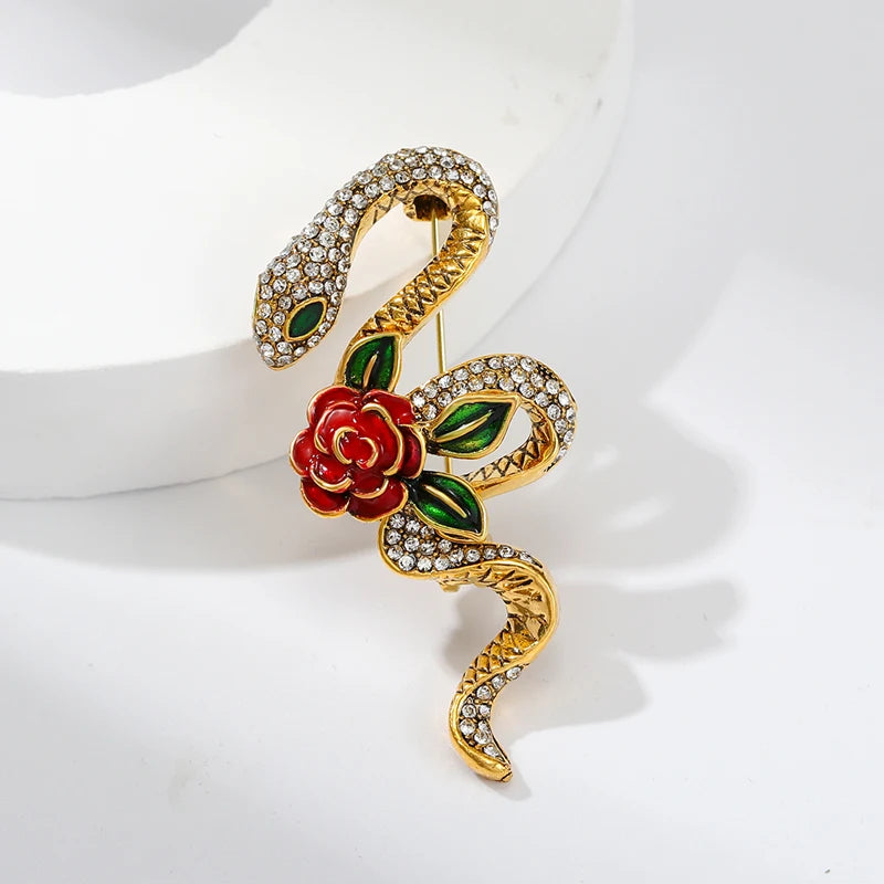 Wuli&baby Rhinestone Rose-flower Snake Brooches For Women Men 3-color Lovely Animal Party Brooch Pins Gifts