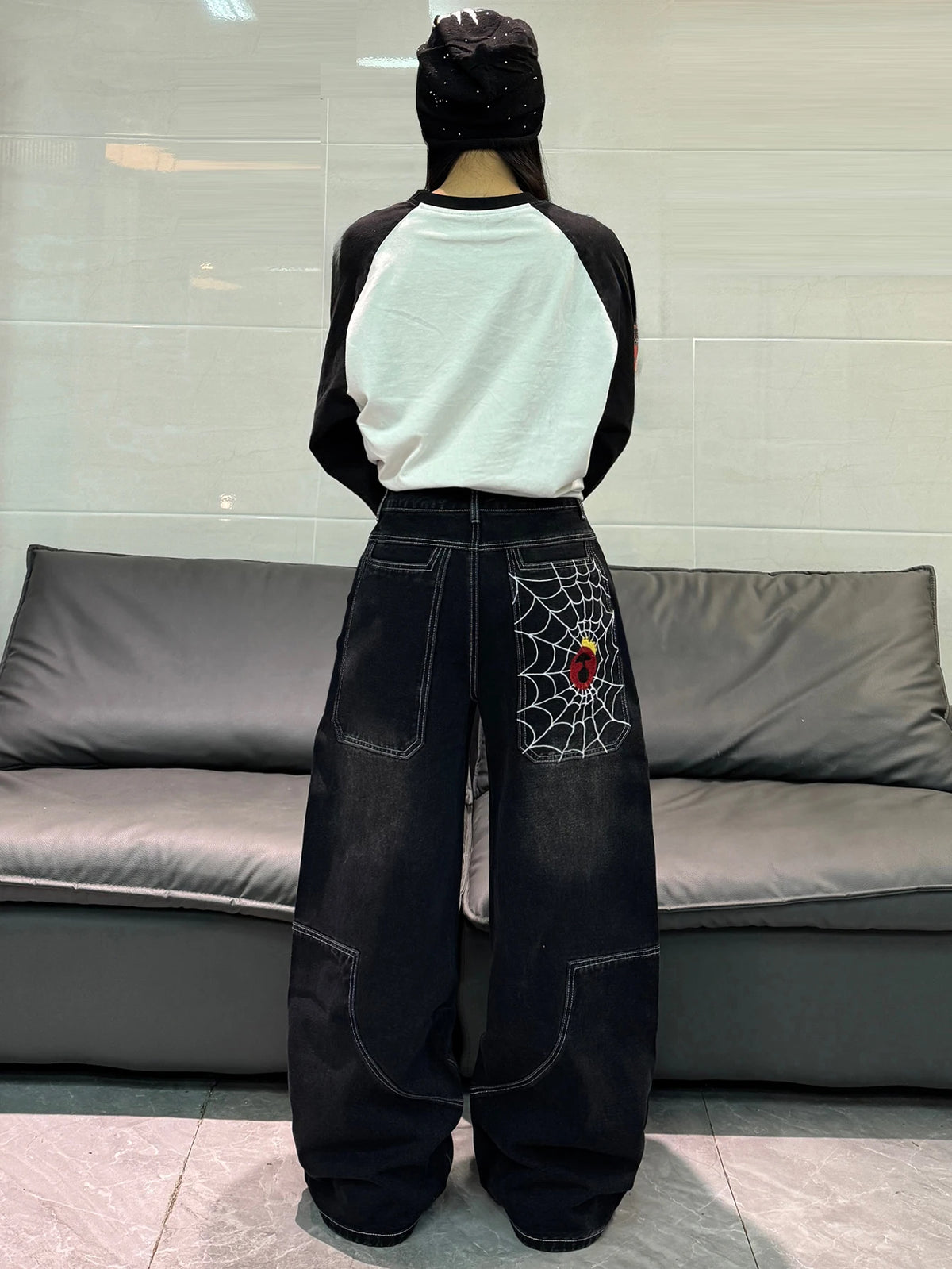 American Retro Spider Web Embroidery Design Black Loose High-Waist Jeans Women Y2K Street Fashion Versatile Wide-Leg Pants