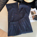 Design sense contrasting color embroidery casual pants women in winter elastic waist straight high waist wide leg pants